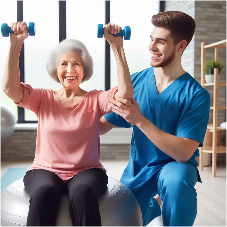 Imagem de uma  paciente idosa sendo atendo pelo fisioterapeuta