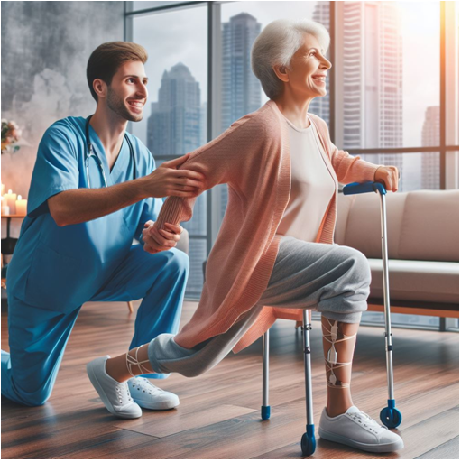 Imagem paciente idosa realizando fisioterapia para reabilitação pós operatória